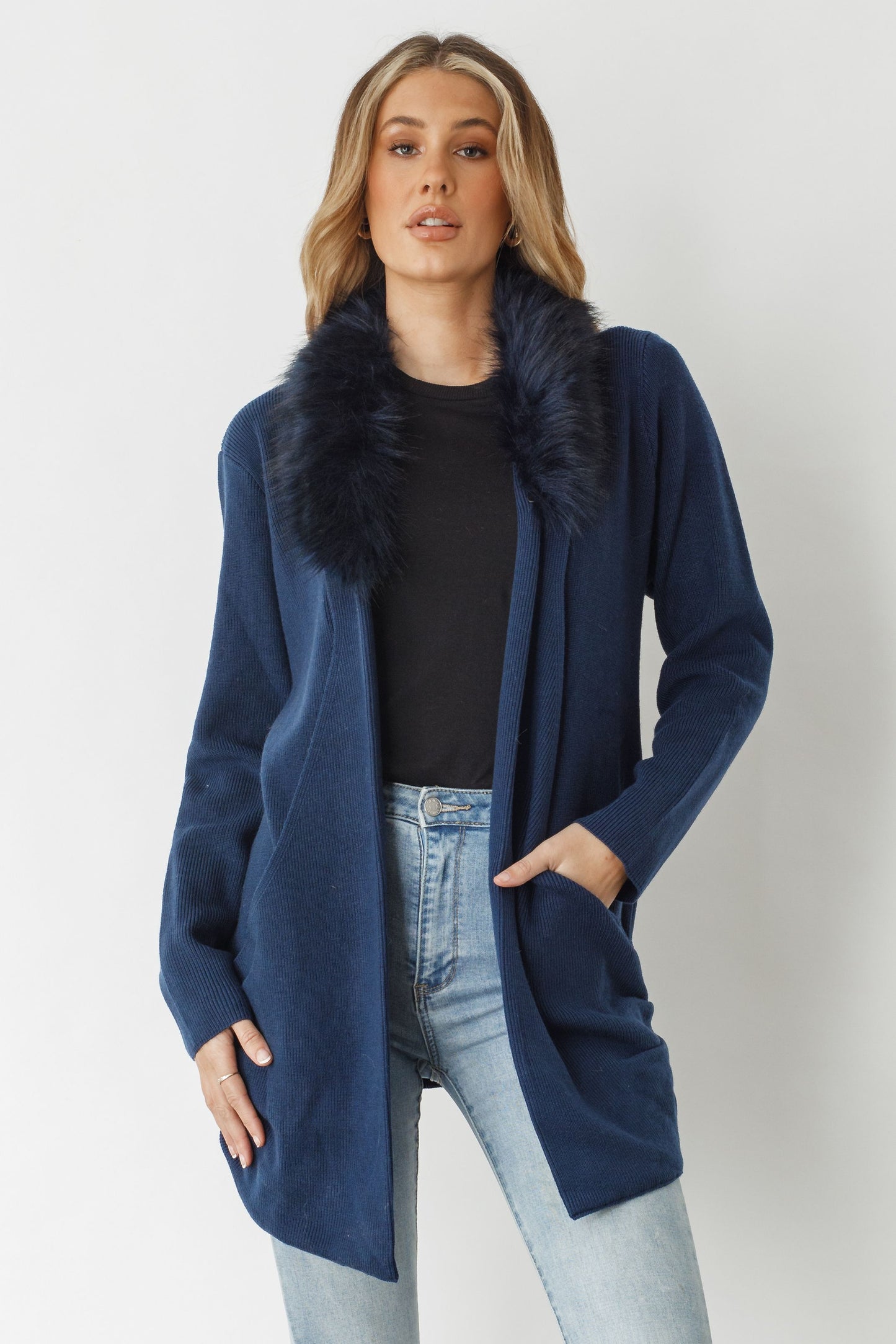 Holmes and Fallon Jacket with Removable Faux Fur Collar Navy