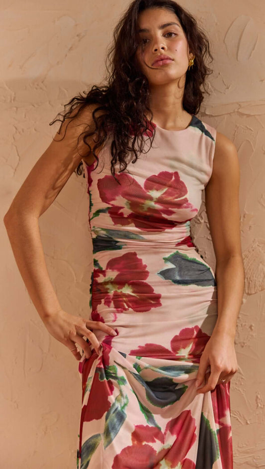 Minkpink Pink Floral Mesh Midi Dress MG2601251