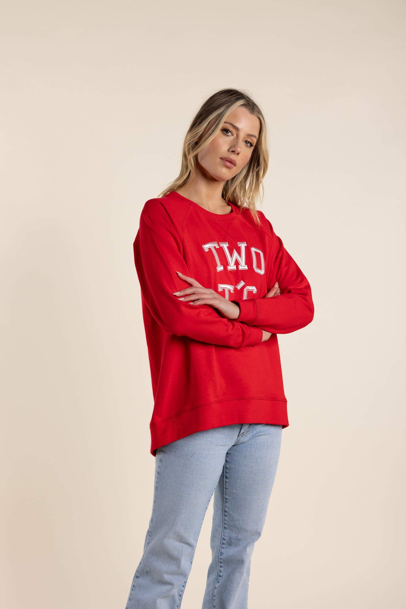 Two T's Colleage Embroided Logo Sweat - Red