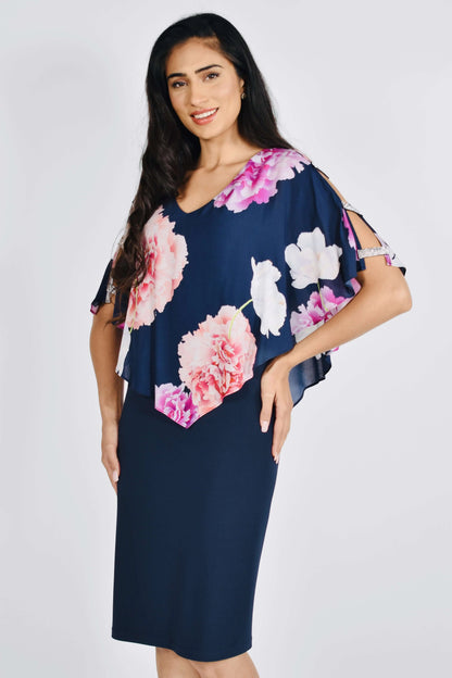 Frank Lyman Cape Dress in Navy Pink Floral 222022