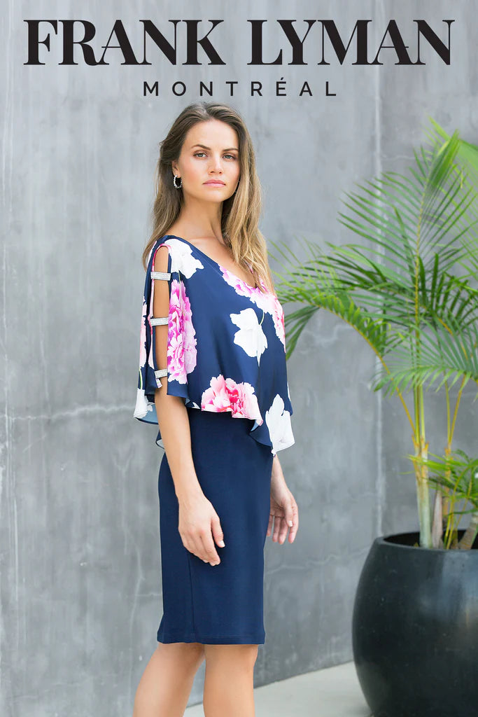 Frank Lyman Cape Dress in Navy Pink Floral 222022