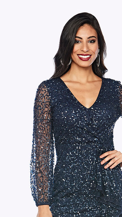 Zaliea - Beaded peasant sleeve cocktail dress Midnight Z0199