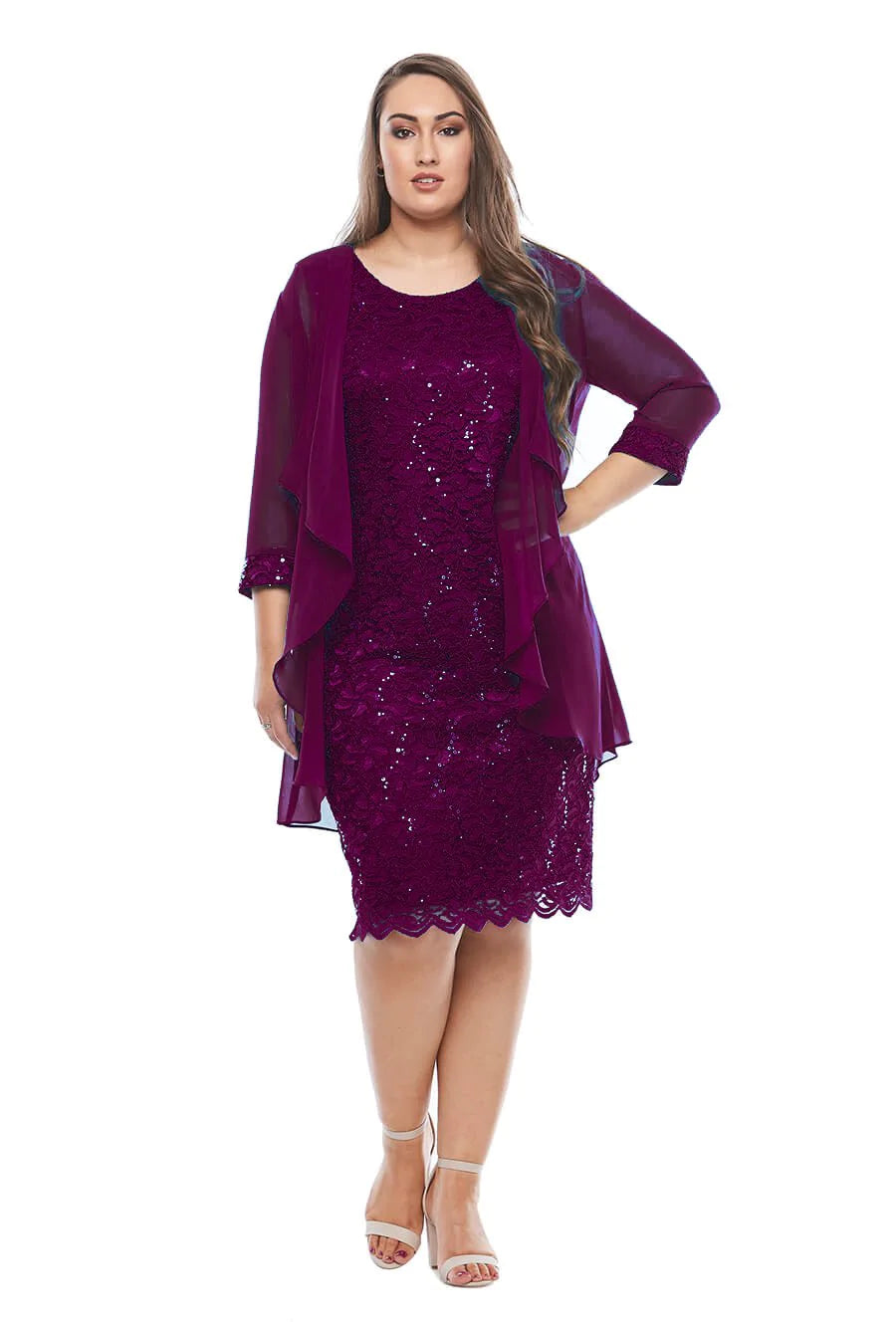 Layla Jones Sequin Lace Dress and Jacket - Mulberry LJ0181