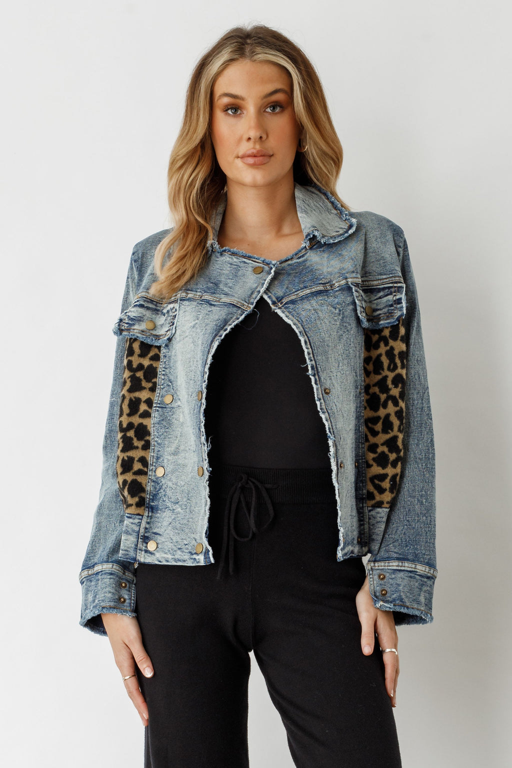 Holmes and Fallon Denim Jacket with Leopard Panels