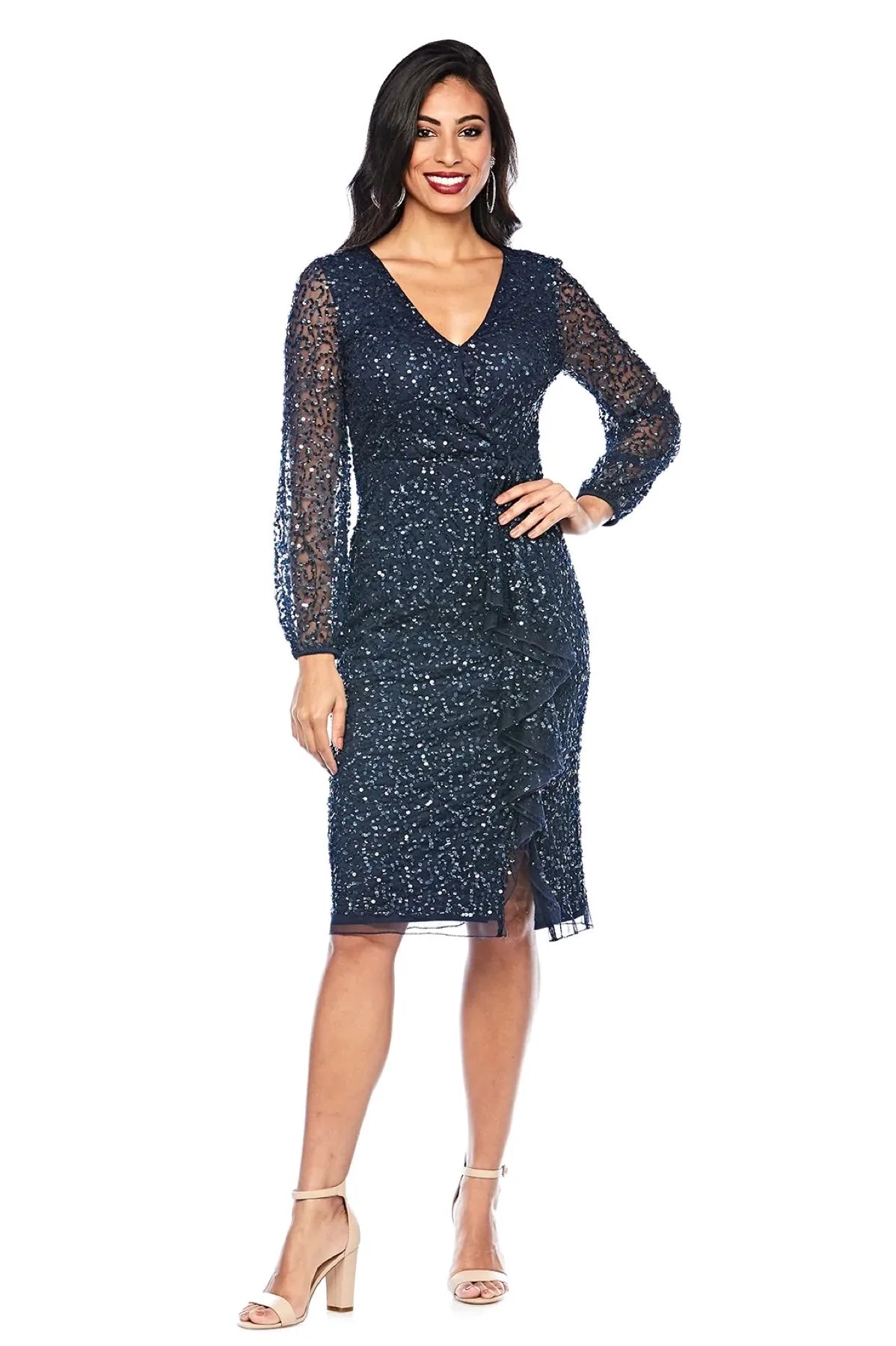 Zaliea - Beaded peasant sleeve cocktail dress Midnight Z0199