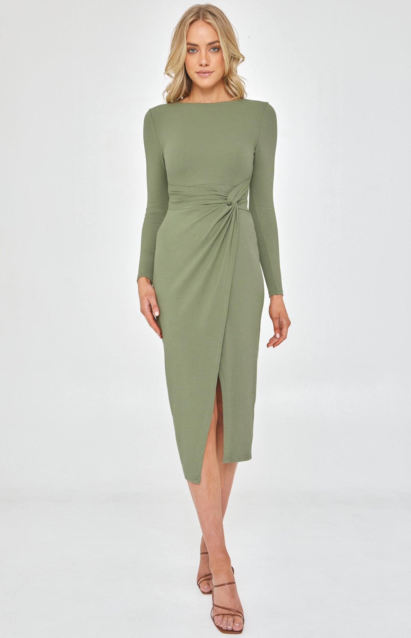 Style State Long Sleeve Dress With Knot - Khaki