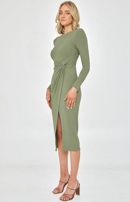 Style State Long Sleeve Dress With Knot - Khaki