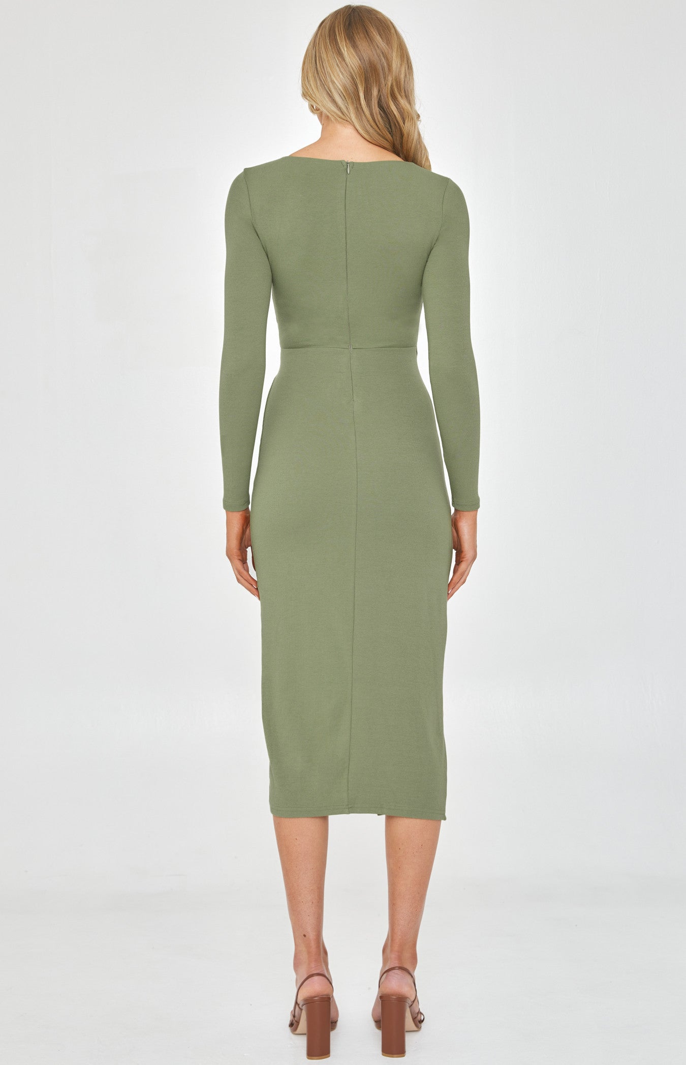 Style State Long Sleeve Dress With Knot - Khaki