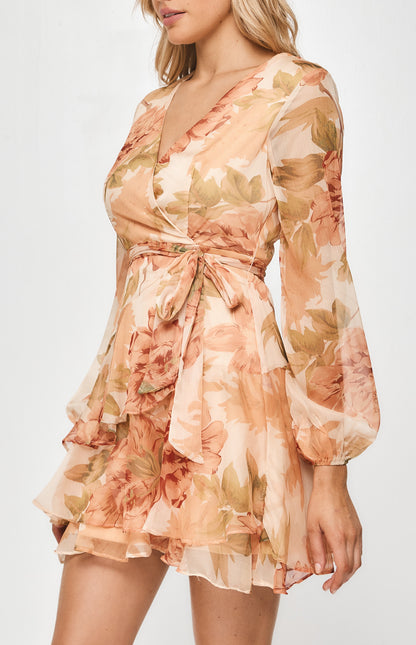 Style State Floral Chiffon Dress with Ruffle Hem Peach  SDR840-2A