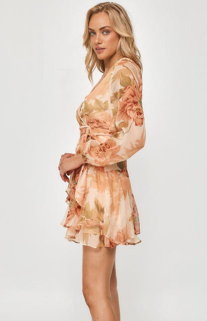 Style State Floral Chiffon Dress with Ruffle Hem Peach  SDR840-2A