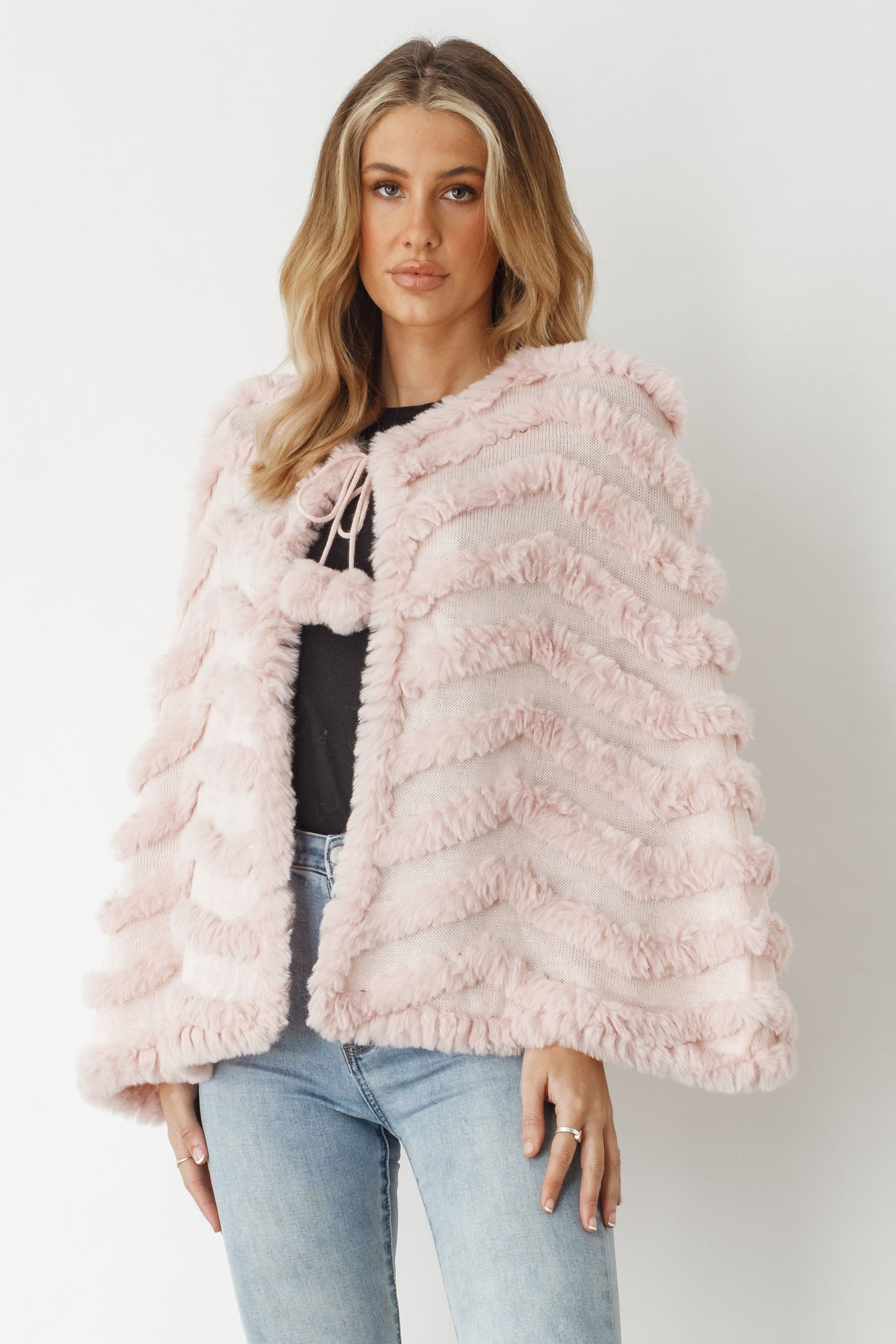 Holmes and Fallon Poncho Faux Fur Pom Pom Pink