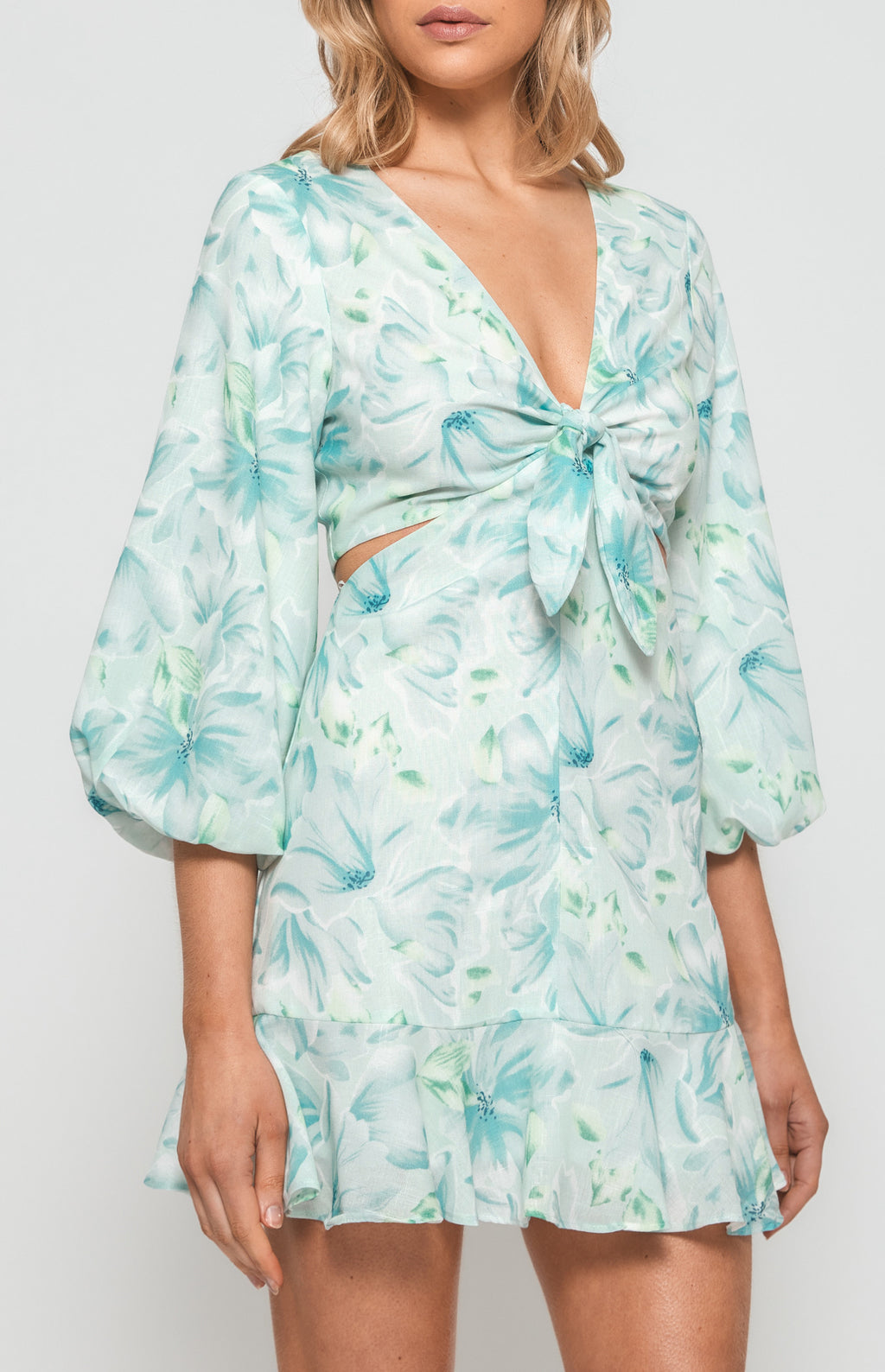 Winnie & Floral Dress with front Tie - Aqua- WDR499A