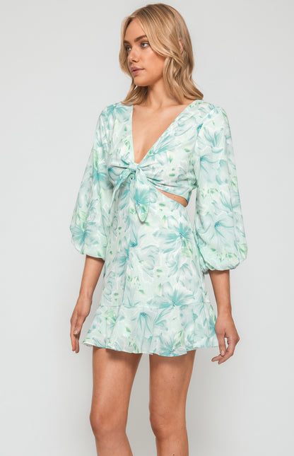 Winnie & Floral Dress with front Tie - Aqua- WDR499A